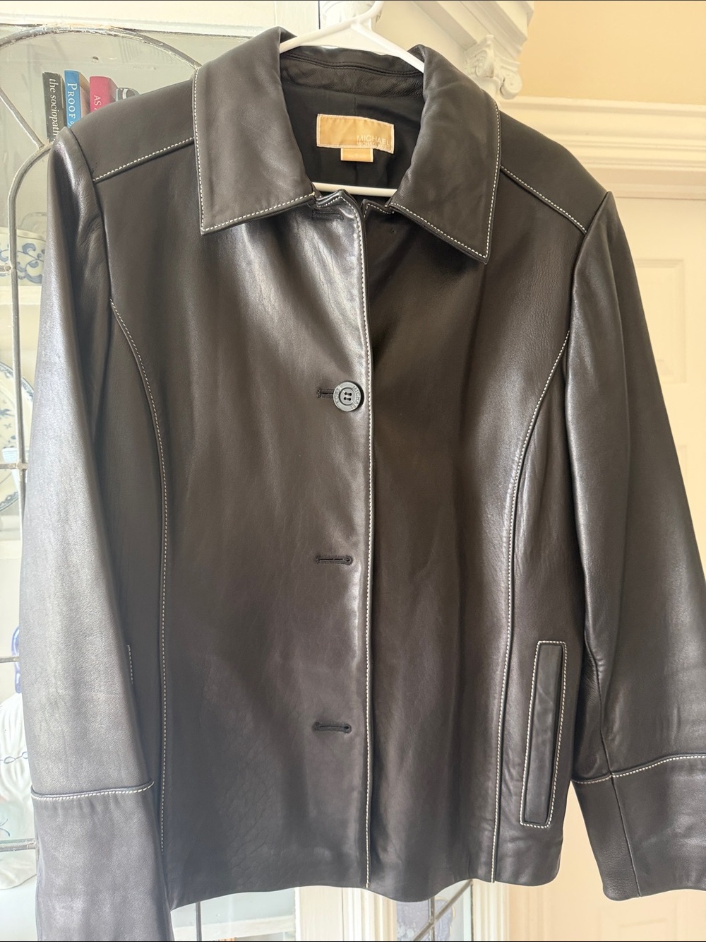 Michael Kors Black Leather Button-Front Jacket w Contrast Stitching—Flawed Sz XL